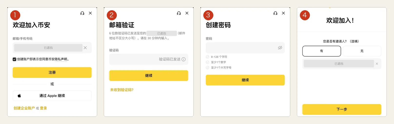 幣安 App 註冊流程截圖:1 輸入信箱、2 信箱驗證碼、3 設定密碼、4 推薦人(選填)。信箱與推薦碼已遮擋
