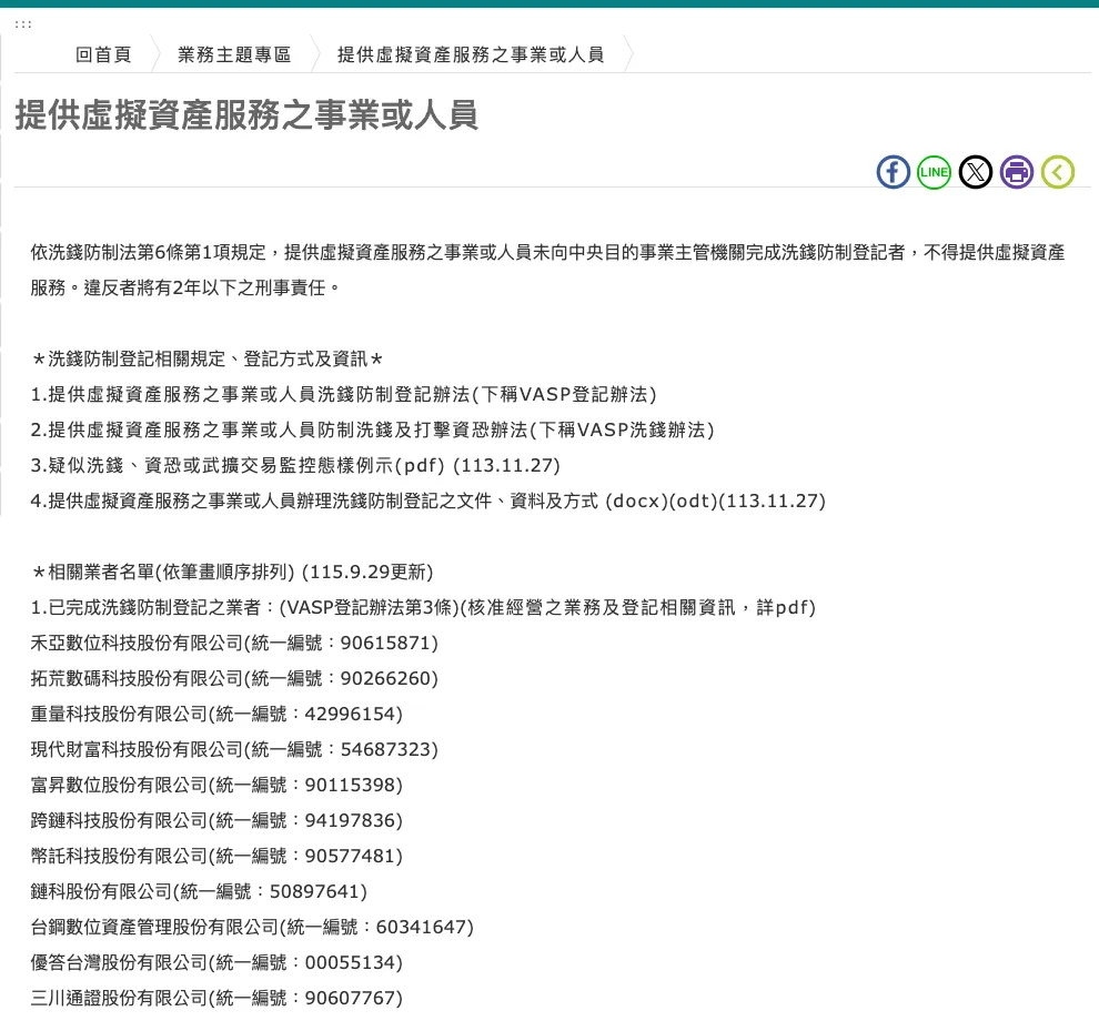 金管會證期局“提供虛擬資產服務之事業或人員”頁面截圖：已完成洗錢防制登記的業者名單